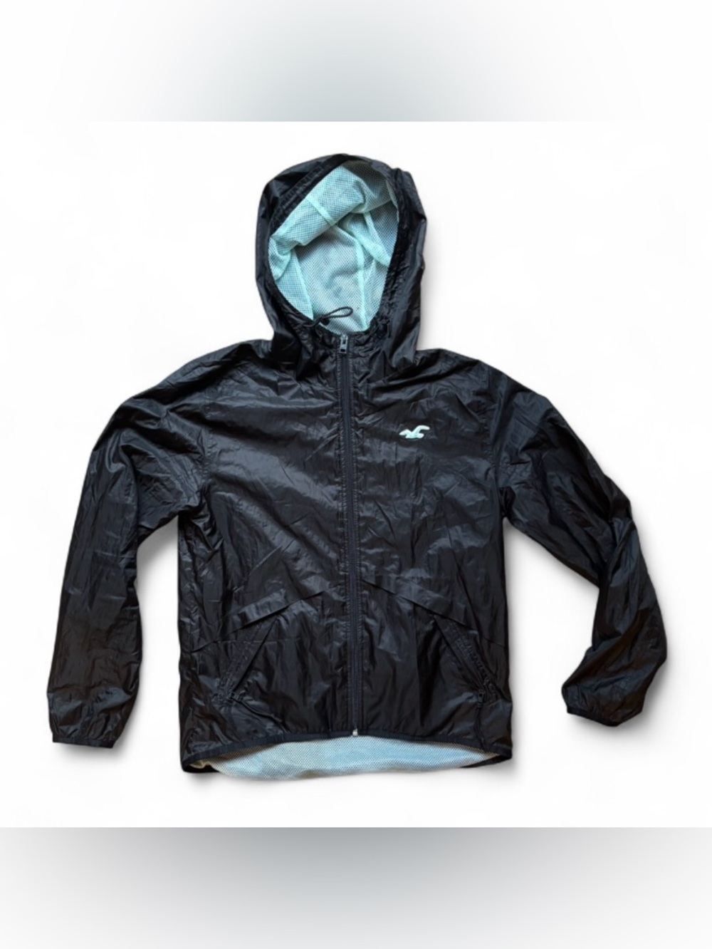 Hollister Full Zip Hooded Windbreaker Jacket Womens Size S Black Blue Lining - Picture 4 of 4